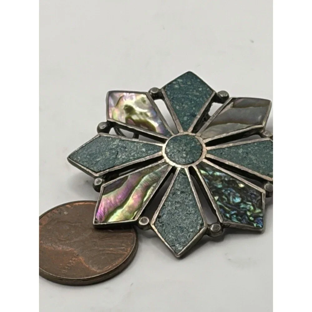 Vintage Mexico 925 Sterling Silver Abalone Crushed Turquoise Flower Brooch Pin